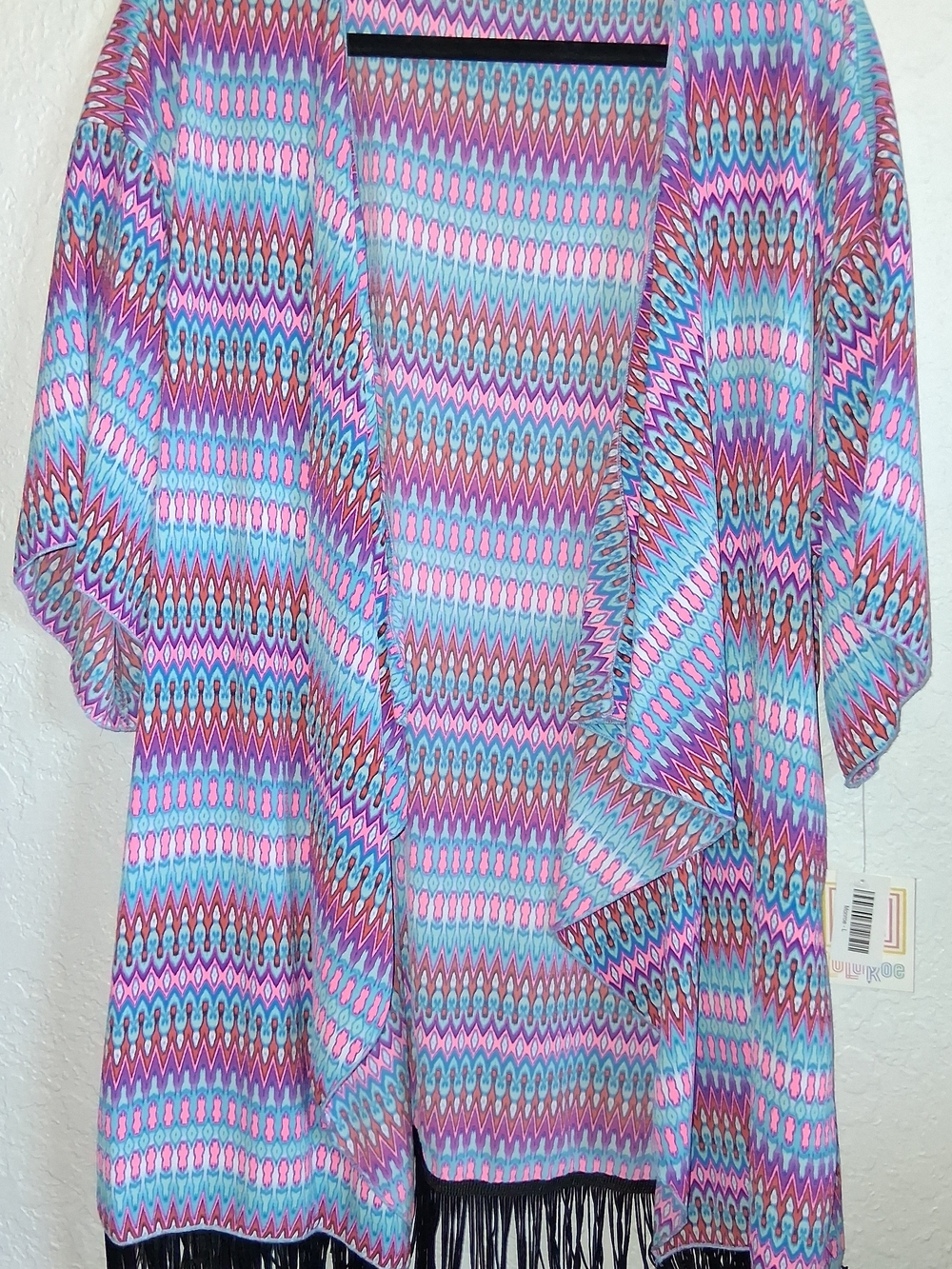 LuLaRoe Monroe L Multicolor Geometric Fringe Long Short Sleeve Kimono Jacket NWT